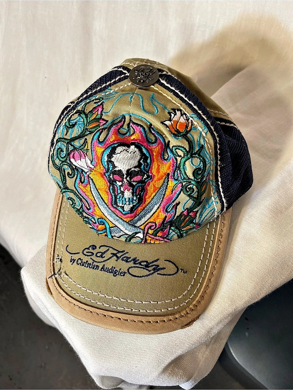 Ed Hardy Skull & Dagger Embroidered Trucker Hat Cap Tan & Blue